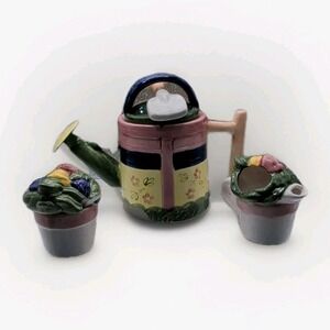 Sunshine Ceramic Teapot & Lid-Watering Can&Shovel 6.5"+ Sugar Bowl & Creamer Cup